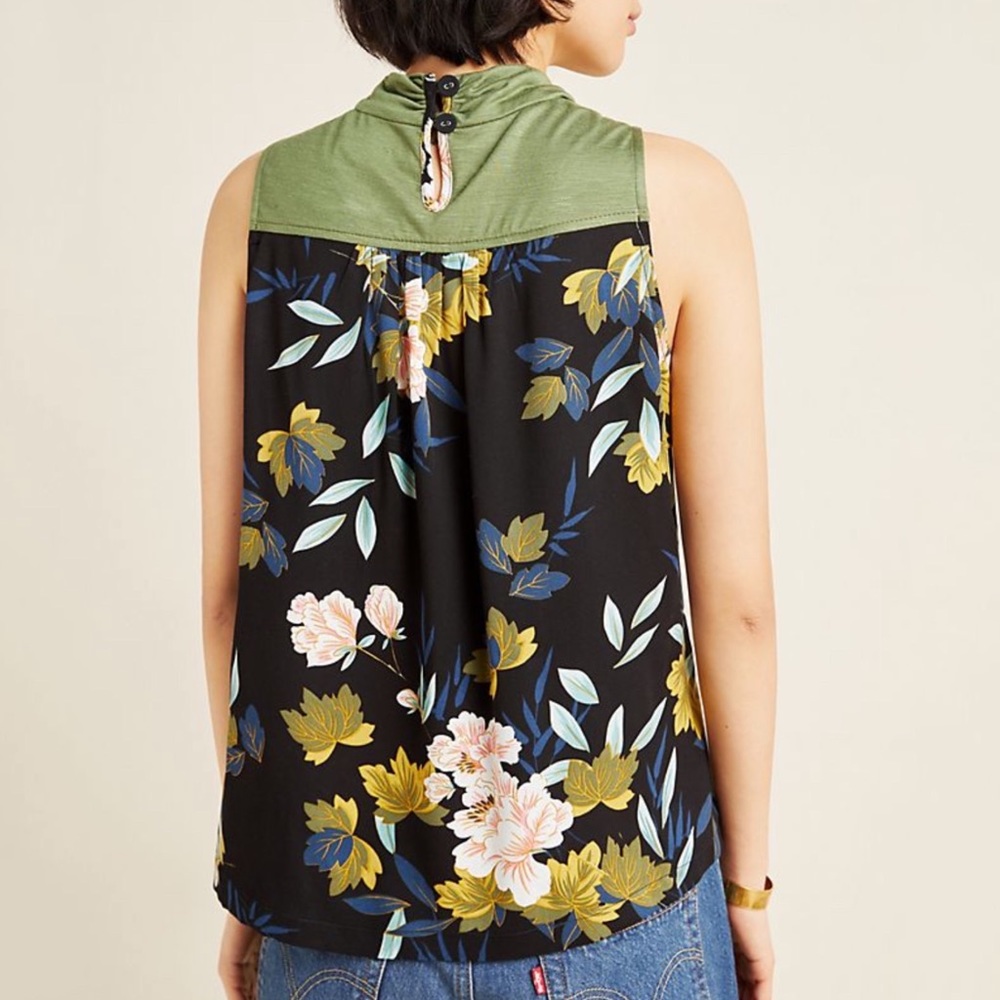NWT Anthropologie Porridge Cassie Cowl Neck Top Green Black Floral S Small